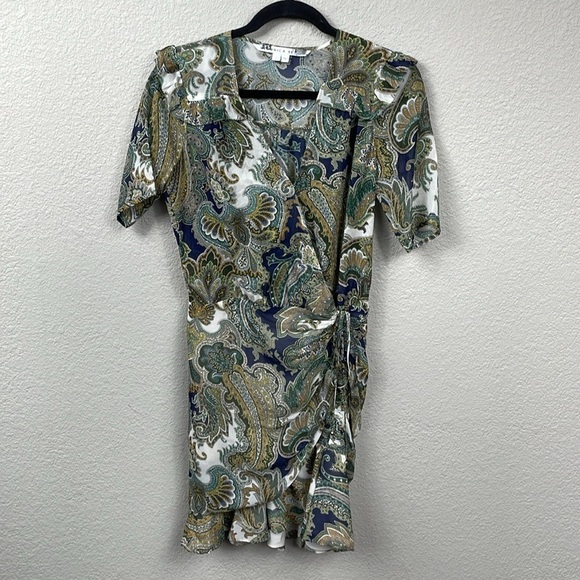 New Veronica Beard Dakota Ruffled Paisley Print Silk Chiffon Mini Dress Green 2 - Picture 3 of 16